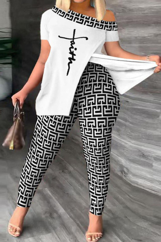 White Casual Print Patchwork Slit Oblique Collar Sleeveless Two Pieces