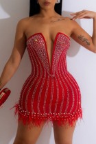 Red Sexy Patchwork Hot Drilling See-through Feathers Backless V Neck Strapless Dress Dresses