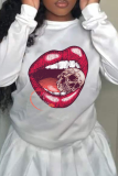 White Casual Street Lips Printed Patchwork O Neck Tops