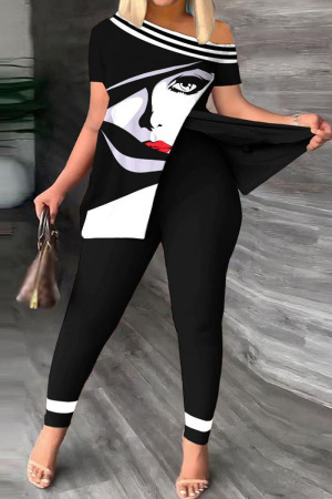 Black Casual Print Patchwork Slit Oblique Collar Short Sleeve Two Pieces
