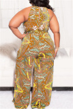 Yellow Fashion Casual Print Basic O Neck Plus Size Jumpsuits