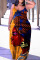 Tangerine Red Casual Print Patchwork Spaghetti Strap Lantern Skirt Plus Size Dresses