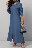 Blue Casual Solid Patchwork Buckle Turndown Collar Straight Dresses