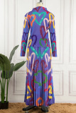 Purple Elegant Print Patchwork Fold O Neck Long Sleeve Two Pieces