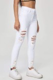 White Casual Solid Ripped High Waist Skinny Denim Jeans