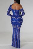 Blue Elegant Solid Hollowed Out Sequins Patchwork Half A Turtleneck Evening Dress Dresses