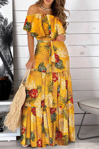 Yellow Elegant Print Patchwork Off the Shoulder Straight Dresses