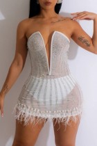 White Sexy Patchwork Hot Drilling See-through Feathers Backless V Neck Strapless Dress Dresses