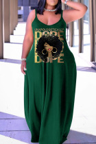 Green Casual Print Patchwork Spaghetti Strap Lantern Skirt Plus Size Dresses