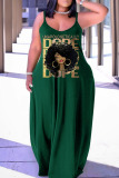 Light Green Casual Print Patchwork Spaghetti Strap Lantern Skirt Plus Size Dresses