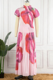 Pink Casual Elegant Gradual Change Print Patchwork Fold O Neck Short Sleeve Two Pieces