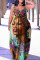 Tangerine Red Casual Print Patchwork Spaghetti Strap Lantern Skirt Plus Size Dresses