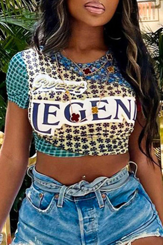 Colour Street Print Patchwork O Neck T-Shirts