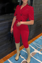Red Casual Solid Patchwork Buttons Turn-back Collar Short Sleeve Two Pieces