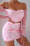 Pink Sexy Print Backless Off the Shoulder Long Sleeve Two Pieces
