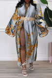 Gold Fashion Print Patchwork Cardigan Collar Outerwear(Without belt)