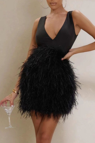 Black Sexy Elegant Solid Bandage Patchwork Feathers V Neck One Step Skirt Dresses