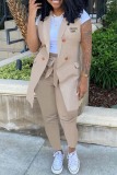 Khaki Casual Letter Print Cardigan Pants Turn-back Collar Sleeveless Two Pieces (Without T-shirt)