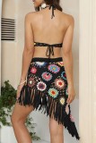 Black Sexy Patchwork Tassel Bandage Hollowed Out Backless Swimwears