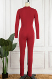 Red Sexy Solid Hollowed Out Chains Half A Turtleneck Skinny Jumpsuits