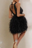 Black Sexy Elegant Solid Bandage Patchwork Feathers V Neck One Step Skirt Dresses