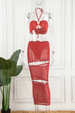 Red Sexy Solid Hollowed Out Patchwork See-through Halter Pencil Skirt Dresses