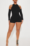 Black Sexy Solid Patchwork O Neck Skinny Rompers