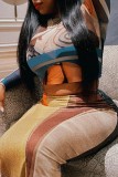 Apricot Casual Print Basic O Neck Long Sleeve Two Pieces