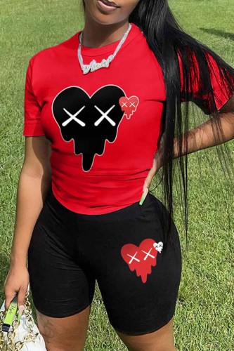 Black Red Casual Print Patchwork O Neck Short Sleeve Two Pieces