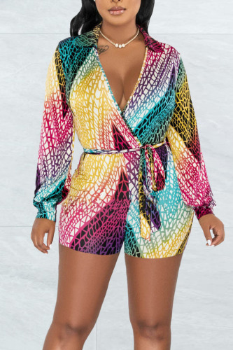Yellow Blue Sexy Print Bandage Patchwork V Neck Regular Rompers