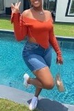 Orange Sexy Casual Solid Backless V Neck Tops