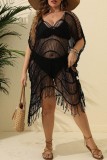 Purplish Red Sexy Solid Hollowed Out See-through V Neck Beach Dress Plus Size Swimwear