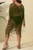 Army Green Sexy Solid Hollowed Out See-through V Neck Beach Dress Plus Size Swimwear