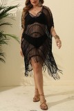 Black Sexy Solid Hollowed Out See-through V Neck Beach Dress Plus Size Swimwear