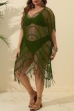 Army Green Sexy Solid Hollowed Out See-through V Neck Beach Dress Plus Size Swimwear