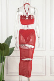 Red Sexy Solid Hollowed Out Patchwork See-through Halter Pencil Skirt Dresses