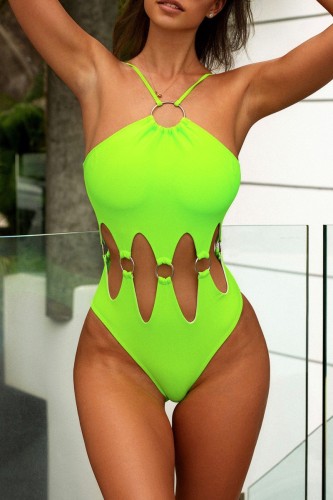 Green Sexy Solid Bandage Hollowed Out Backless Swimwears (With Paddings)