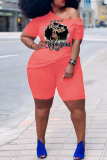 Black Orange Casual Print Basic Oblique Collar Plus Size Two Pieces