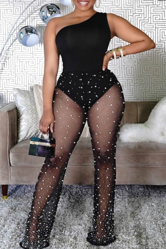 Black Sexy Print Polka Dot Patchwork See-through Oblique Collar Plus Size Jumpsuits