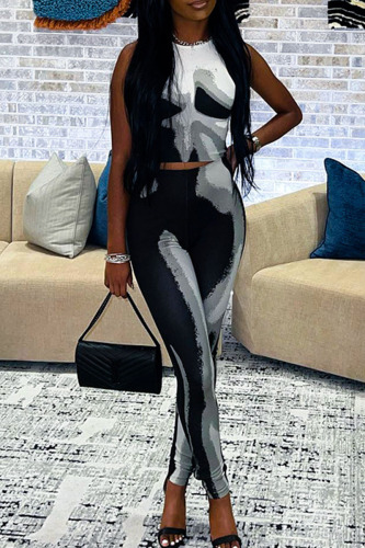 Grey Casual Street Print Patchwork O Neck Sleeveless Two Pieces