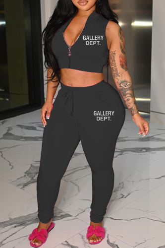 Black Sexy Letter Print Basic Zipper Collar Sleeveless Two Pieces