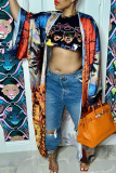 Apricot Fashion Print Patchwork Cardigan Collar Outerwear(Without belt)