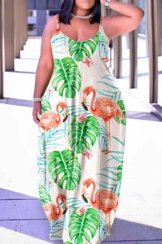 Green Sexy Casual Print Backless Spaghetti Strap Long Dress Dresses