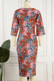 Tangerine Elegant Print Patchwork Asymmetrical Collar One Step Skirt Dresses