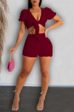 Burgundy Sexy Solid Bandage Patchwork V Neck Short Sleeve Two Pieces