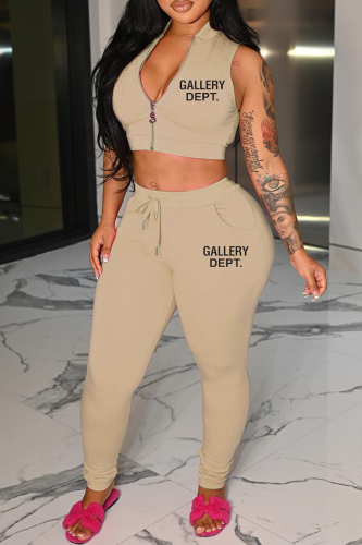 Apricot Sexy Letter Print Basic Zipper Collar Sleeveless Two Pieces