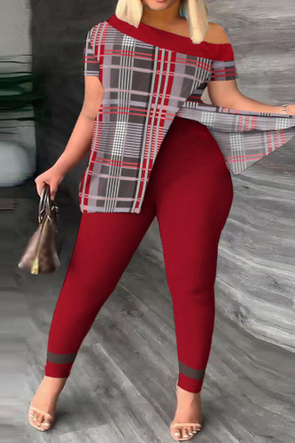 Red Casual Print Patchwork Slit Oblique Collar Short Sleeve Two Pieces