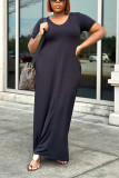 Black Casual Daily Solid Pocket Basic U Neck Long Dress Plus Size