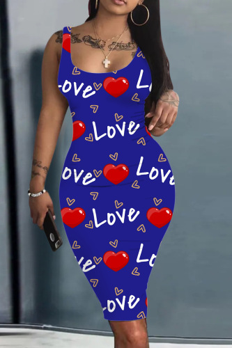 Colorful Blue Sexy Casual Print Basic U Neck Vest Dress Dresses