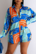 Blue Casual Print Patchwork Buckle Turndown Collar Long Sleeve Two Pieces